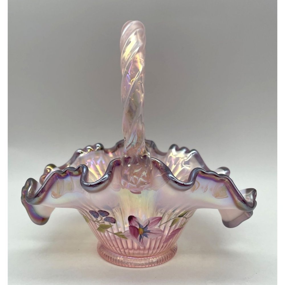 Vtg. Fenton Iridescent Morning Glory Hummingbird Ribbon Candy Basket